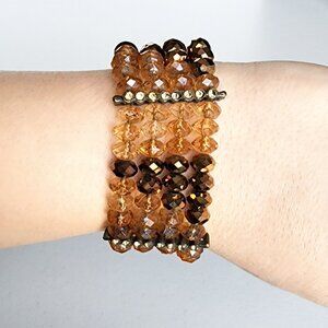 Wide Amber Beaded Stretch Bracelet in Copper, Brown, Orange